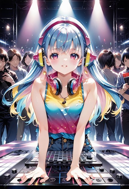 score_9, score_8_up, score_7_up, source_anime, solo, 1girl, MdoHP, Amai Liu, sensual, penetrating look, dominant, upper body, female dj, colorful clothes, quirky, vibrant appearance, playful accessories, creative, imaginative, sensual, spontaneous, DJ headphones, mixing console, music club, nightclub, independent theaters, people dancing on the dance floor, underground nightclub, high quality, skin texture, intricate details, (cinematic lighting),  photo RAW, 8k