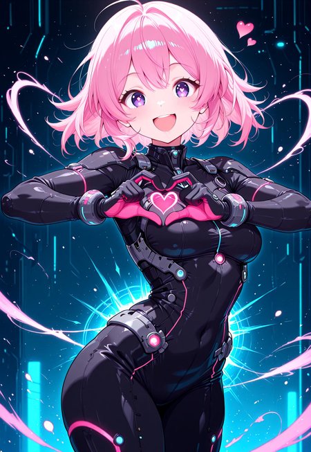 masterpiece, best quality, newest, absurdres, highres, anime,
zzCitronLegacy, CivChan, pink hair, purple eyes, heart, 1girl, blush, smile, :D, looking at viewer, bodysuit, gloves, neon glow, cowboy shot, solo, in the style of cknc, hi-tech, sci-fi, dynamic pose, heart hands, motion effect, magic effect, dancing,