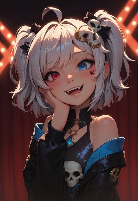 score_9_up, score_8_up, score_7_up, score_6_up, 1girl, 25 years old, perfect face, cute, petite, 
three quarter view, detailed face, portrait, face focus, depth of field, looking at viewer, blush, shy smile, close up, 
heterochromia, multicolored eyes, red eyes, blue eyes, diamond-shaped pupils, 
star facial mark, fangs,
white hair, ahoge, medium hair, two side up, skull hair ornament, 
print shirt, open jacket, off shoulder, 
black skirt, pleated skirt, 
excited, head tilt, 
stage, stage lights, concert,  
