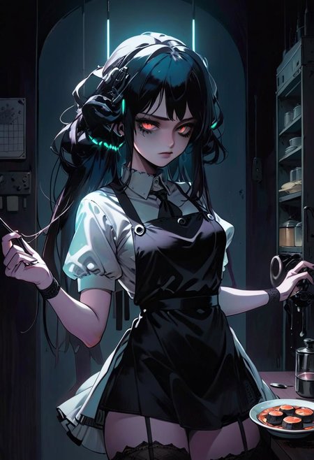 lineart, (anime style:1.5), cel shading
1girl 
bangs 
  lethargic sleepy smoky eyes
full body,  glowing eyes
maid, apron, skirt
 stocking,
     shadows, 
  cyberpunk
neon lights
dramatic lighting 
rim light