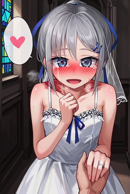 score 9,score 8 up,score 7 up,rating questionable,detailed background,aroused,cinematic lighting,dynamic lighting,uncensored,
sylvie,<lora:sylvie.pony:1>,silver hair,ponytail,blue ribbon,
steaming body,sensual,alluring,sweatdrop,heavy breathing,
(white sundress),(wedding dress),(long dress),sleeveless,dutch angle,wedding veil,
church,chapel,indoors,
<lora:wedding-ring-ponyxl-lora-nochekaiser:0.8>,wedding ring,left hand,(pov hand,hold hands),marriage proposal, hand grab,
(full-face blush),open mouth,angelic smile,tears,(spoken heart),(pov,from above),