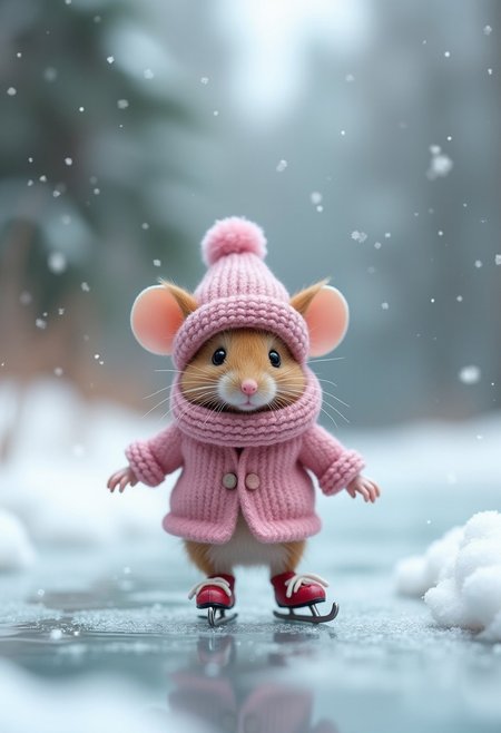 A realistic photo of a small, lifelike cute mouse dressed in a cozy winter-themed outfit with a touch of pink, featuring a pink woolen coat, a scarf, and a hat with a pink pom-pom. The mouse is skating on a frozen miniature pond surrounded by a snowy forest. Small ice skates are strapped to its feet, and snowflakes are gently falling around. A winter wonderland scene. The atmosphere is magical, with a soft, storybook-like photography style capturing the joy of a winter day.