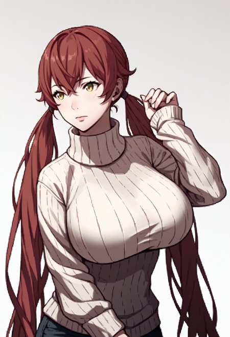 score_9, score_8_up, score_7_up, source_anime BREAK 1girl, solo, red hair, twintails, very long hair, yellow eyes, huge breasts, turtleneck sweater, white sweater, ribbed sweater, <lora:zs_AwakeningPortraitsXL:1>awakeningportraits, portraits, white background