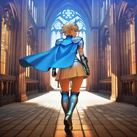 HDA_MasterpieceXLclassic, HDA_BKGD_Cathedral,  <lora:Artemis_-_Shin_megami_tensei_V:1> ArtemisIL, 1girl, blonde hair, green eyes, short hair, armor, pauldrons, dress, skirt, fingerless gaunlets, knee boots, blue cape, clevage cut out, tiara,