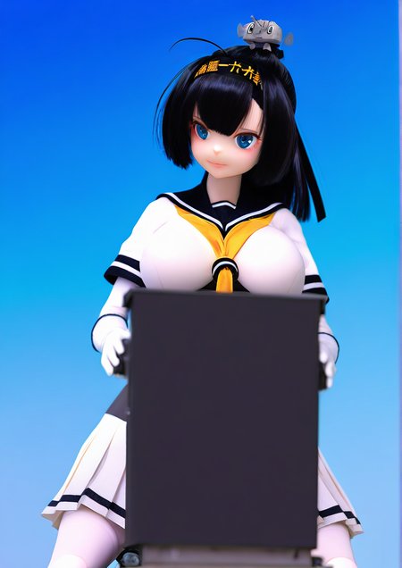 <lora:DOLL_ZONE_furry:1>,1girl, akizuki (kancolle), chou-10cm-hou-chan, huge breasts, , ahoge, black hair, black headband, black sailor collar, blue background, blue eyes, clothes writing, gloves, gradient background, hachimaki, headband, neckerchief, pleated skirt, ponytail, riding, sailor collar, school uniform, serafuku, skirt, solo, white gloves, white skirt, yellow neckerchief,