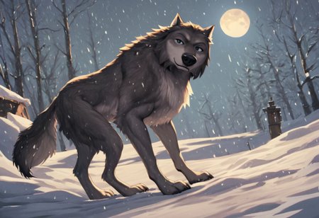 score_7_up, score_6_up, score_5_up, Winston, wolf, feral, outside, full body, looking at viewer, snowing, moon, WinstonAO, huge canine muscles