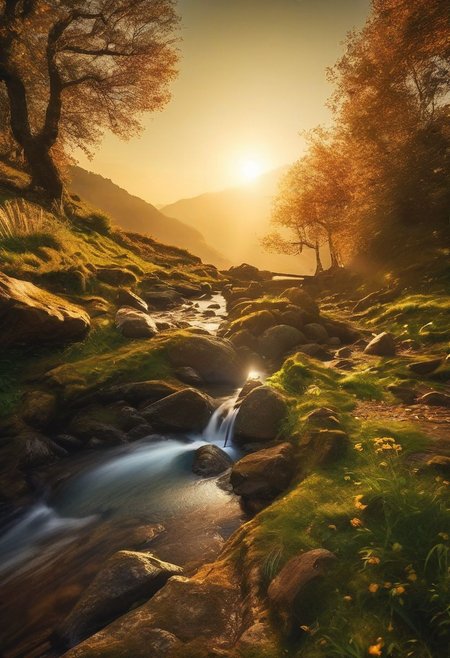 Low angle, wide angle shot, of a beautiful picturesque quaint legendary landscape from middle earth, incorporate a small stone entry  in the frame Tolkien inspirerad, included a mystical figure,, a feeling of Magic and wonder, magical lighting effects, slow shutter effect, cinematic lighting, soft colorful lighting, star streaks, light trails, normal hand's, five finger's, masterpiece, best quality, highly detailed, sharp focus, dynamic lighting, vivid colors, texture detail, particle effects, storytelling elements, narrative flair, 8k, UE5, subject-background isolation