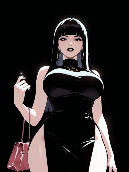 score_9, score_8_up, score_7_up, score_6_up, score_5_up, score_4_up,
BREAK
1girl, black hair, hime cut, blunt bangs, straight hair, black eyes, long eyelashes, hoop earrings,
BREAK
solo, from below, black dress, large breasts, side slit, holding purse,
BREAK
black background, dark, simple background, <lora:Lunas-Nyantcha-Thiccwithaq-SDXL-A1:1>