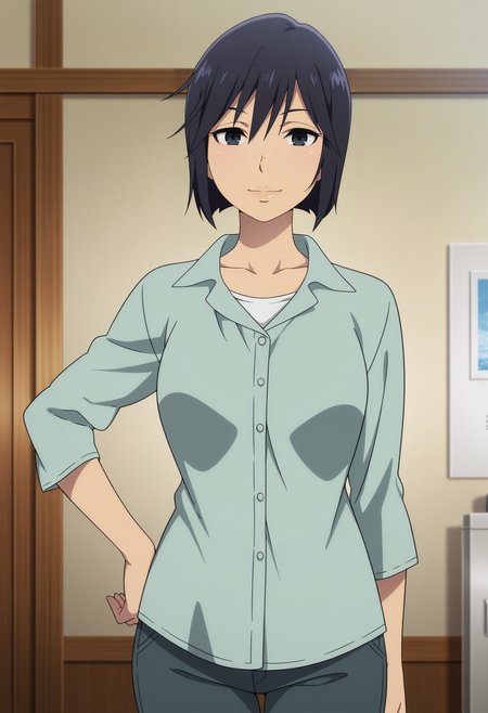 1girl,solo,Sachiko,mature female,black hair,black eyes,short hair,breasts,anime coloring,
shirt,pants,cowboy shot, hand on own hip, looking at viewer, smile,indoors
,masterpiece,best quality,amazing quality,<lora:Sachiko_Fujinuma-Boku_dake_ga_Inai_Machi:0.8>
