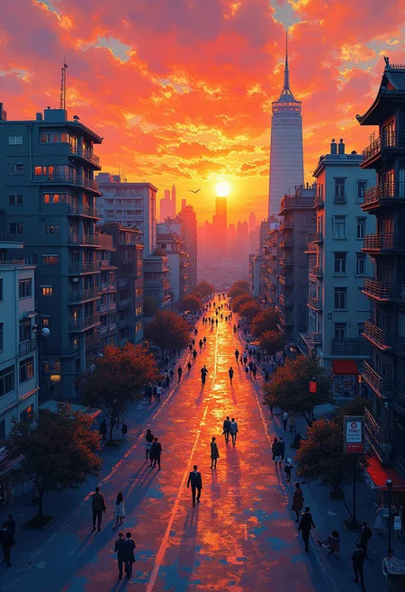 bird's eye view of tokyo, beautiful, sunset, gentle, easy, colorful, intricate details, hyper-detailed, chiaroscuro lighting