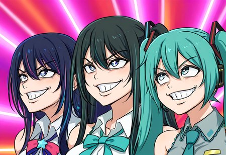 (masterpiece, high quality, amazing detail), highres, getter team pose meme, smile, 3girls, grin, meme, hatsune miku, hoshino ai, chando \(ado\), <lora:getter_team_pose:1>
