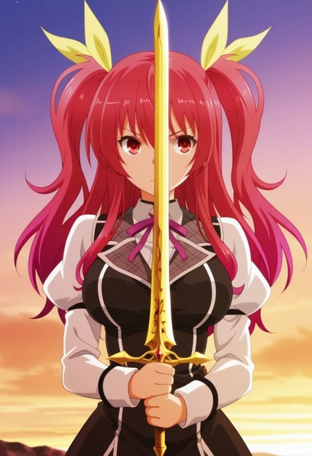 masterpiece,best quality,amazing quality, stella vermillion, long hair, crimson hair, crimson eyes, 1girl, sword, solo, weapon, school uniform, two side up, ribbon, hair ribbon, sky