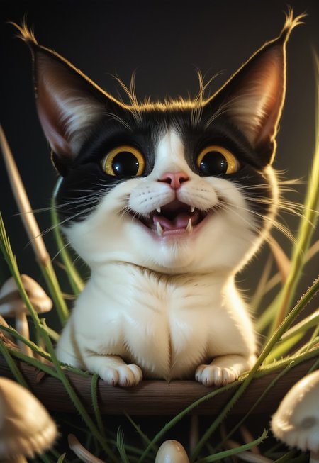 score_9, score_8_up, score_7_up, score_6_up, score_5_up, score_4_up, BREAK ((smile)), a crazy looking cat with very happy face in dark-grasshrooms, dark, backlit, low key, sidelight, depth of field, blurry foreground, dark-grasshrooms