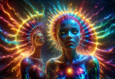 a full body fire entity girl with multicolored flames, purple and blue lights, green and blue flames, pink energy electric eyes, professional photography of an fantastical creature, young woman, shaved head Finely detailed, in a solarpunk environment, looking at viewer, solo, headwear removed, realistic, night blue sky, own hands, spooky makeup, entirely made of stars and galaxies, cyber light trails with whimsical elements, swirling magic, eerie fairytale landscape, elaborate fantasy style art, very colorful, intricate details, ultra sharp, exquisite detail, flawless composition, vivid colors, masterpiece, exciting background, psychedelicai, made out of,colorful,liquid,Murano Art Glass, GlowingInk, mad-glowtiedye, glowneon, glowing, sparks, lightning