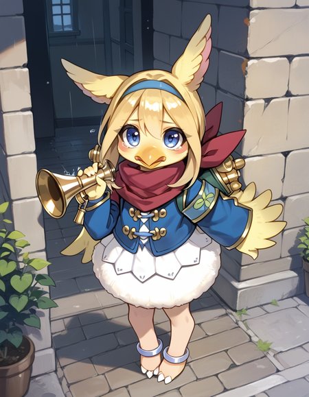 (score_9:0.9),score_8_up,score_7_up,rating_safe,anime_style,(zPDXL3),(zPDXL),
<lora:Filo, Messenger Fur Hire ponyXL v1.1:0.85>,
filo messenger fur hire,solo,1girl,castle,full body,blush stickers,standing,cyan hairband,silver anklet,sidelocks,looking up,open mouth,blush,barefoot,red scarf,looking at viewer,bird girl,green backpack,blue jacket,bottomless,beak,feathered wings,tears, rain, holding trumpet, trumpet