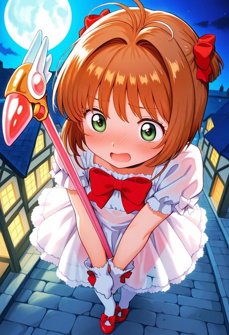 Kinomoto_Sakura,1girl,blush,long hair,close up,wide shot,full body,
amazing quality,very aesthetic,absurdres,best 
quality,newest,masterpiece,4k resolution,absurdres,,perfect eyes, choker, petite, cute, detailed light, dynamic angle,(girl expression:(happy,Open mouth)),detailed eyes,blushing,Transparent nightgown,
has green eyes and brown hair styled in a bob cut with bangs, and her hair is adorned with a large red bow, is dressed in a classic magical girl outfit, wearing white gloves
brave perspective,holding sword, Staff),night,full-moon,town,masterpiece,