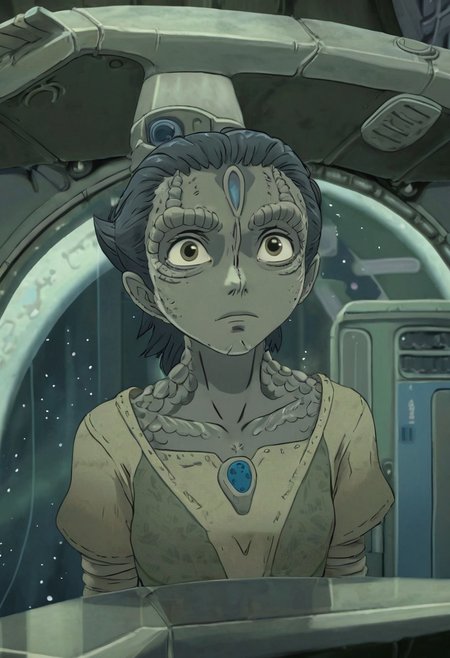 Studio Ghibli Style anime scene of an 18 year old female c4rd45514n alien, forehead crest, ridges, scales, grey skin, space station background, cleavage