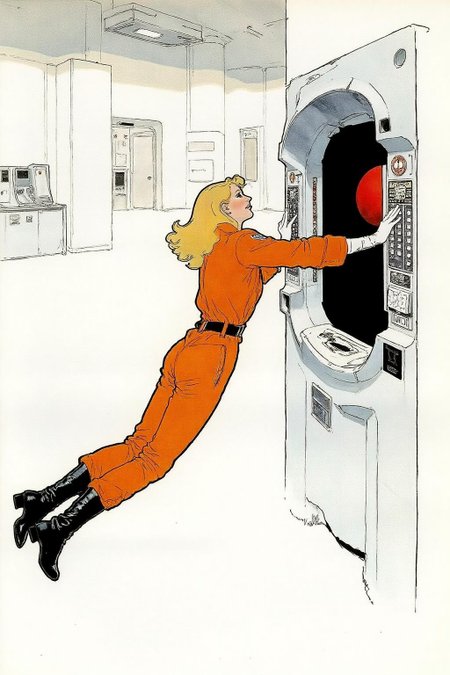 regr1 sketch Overhead sideview of a blonde woman dressed in a orange spacesuit and heavy boots, is carefully re-enacting the iconic scene from 2001: A Space Odyssey where David Bowman deactivates HAL 9000. Floating weightless on one side of a vast empty spacecraft, she methodically removes the components of the HAL 9000 interface, one piece at a time. The setting is tense and sterile, with bright lighting reflecting off the white sterile surfaces, capturing the eerie, unsettling atmosphere of the original scene. The red glow of HAL's eye slowly fades as the scene unfolds, highlighting the dramatic tension between human and machine  <lora:regr1_fashion_nocap_d6a3:1.0><lora:807335521287374628:0>