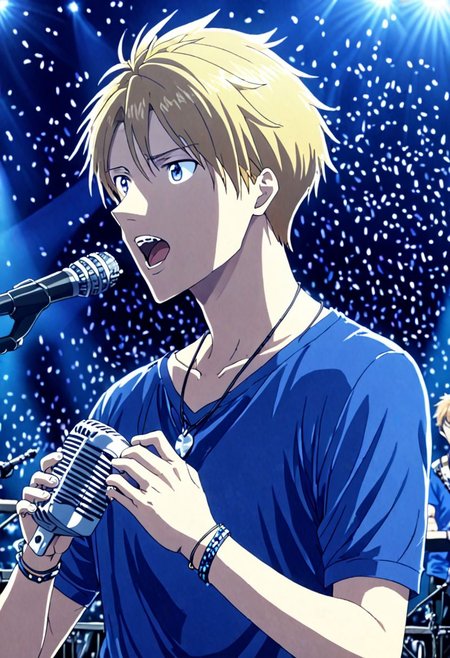 high resolution, solo, best quality, 1Boy, Yamato Ishida, Blond Hair, Necklace, singing, potrait, dept of field, virtual concert, playing musical instrument, necklace, bracelet, sneakers, OverallDetail