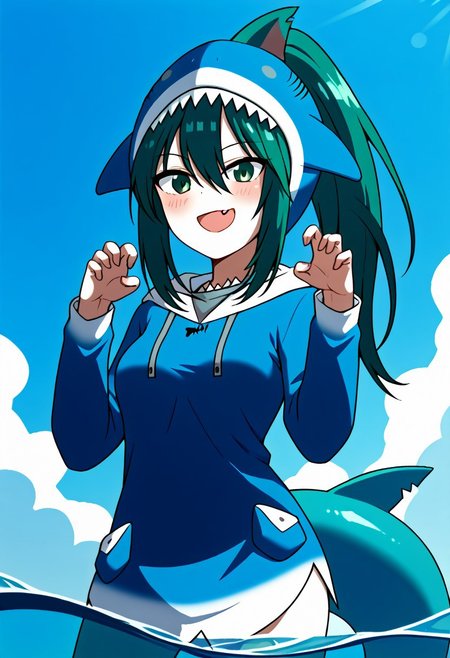 Score_9, score_8_up, score_7_up, score_6_up, score_5_up, score_4_up, alone, 1girl, Ruka Bandō, dolphin girl, long hair, sea green hair, koala ears, shark fin on head, medium breasts (green eyes: 1.1),, 1 ponytail 
<lora:gawr-gura-cosplay-ponyxl-lora-nochekaiser:1>, gawrguracosplay, gawr gura \(cosplay\), shark hood, shark costume, blue hoodie, shark tail, animal hood, fish tail,, outdoors, ocean, water, submerged, smile, blush, <lora:paw-pose-ponyxl-lora-nochekaiser:1>, paw pose, open mouth, fangs, sharp teeth,, cowboy shot, dutch angle, solo,