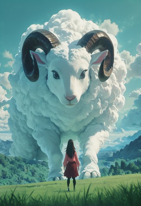 1girl, kasuga ayumu sitting on grass, leaning on a sheep, ((oversized sheep)), ((size difference)), tall green grass, sheep with horns, long hair, long sleeves, on grass, pantyhose, horizon, foreshortening, bright, colorful, amazing quality, very awa, highres, absurdres, (depth of field), newest, very aesthetic, ((4k, 8k, Ultra HD)), ((Masterpiece :1.2)), ((Best quality :1.2)), ((Detailed :1.5)), ((Detailed background :1.5)), ((detailed face)), ((detailed eyes)), ((nature)), (scenery), (realistic), (landscape), ((bosstyle)), ((azumanga_illu)), style parody, anime movie, azumanga daioh style, cinematic view, dynamic angle,