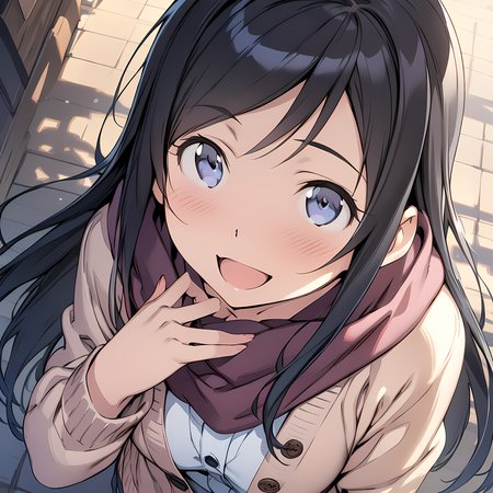 (masterpiece),(best quality),(ultra-detailed),(best illustration),(best shadow),(absurdres),(detailed background),(very aesthetic), ayase aragaki, 1girl, solo, long hair, black hair, scarf, open mouth, blue eyes, blush, smile, cardigan <lora:Ayase_Aragaki_-_Oreimo:1>
