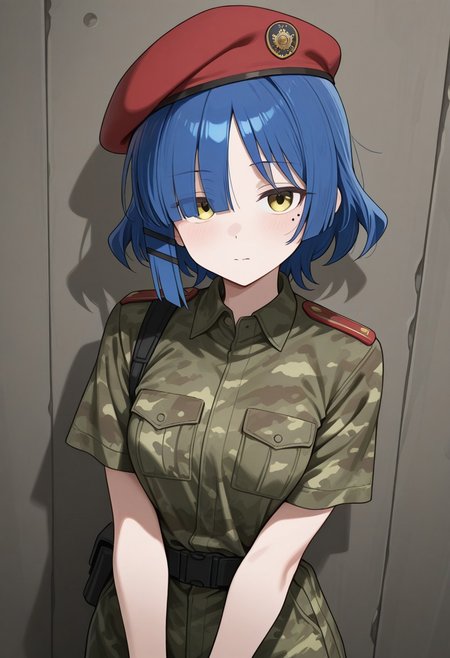 1girl, yamada ryo, bocchi the rock!, military uniform fabric with a strong green-dominant camouflage pattern. Deep green as the primary color, dark color unifrom with subtle brown and black irregular stripes creating a classic jungle loreng effect. Focus only on the camouflage pattern and fabric texture, avoiding any human features. High detail, crisp shading, and smooth fabric folds, short sleeves, Red military beret, dumb face, looking at viewer, upper body, mole under left eye,
masterpiece, best quality, amazing quality, newest, absurdres, highres, high detailed, masterpiece, best quality, amazing quality, newest, absurdres, highres, high detailed