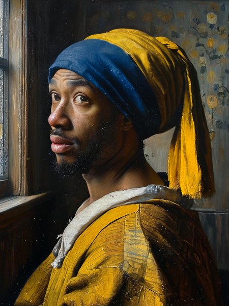masterpiece,best quality,<lora:tbh122-sdxl:0.9>,portrait of man,oil painting,style of Jan Vermeer,black people