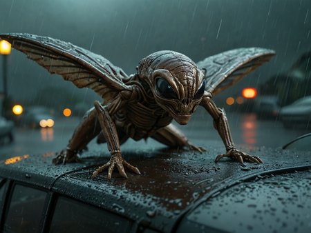 award winning photo, 

3d, night,

a mysterious carapace, alien and threatening, remnants of wings, glittering, malevolent, lying in wait, deadly, fearless, sitting on the roof of a car in the rain,