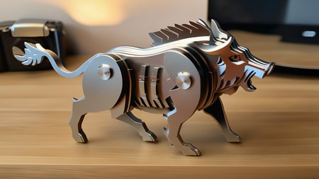 <lora:splicingtoycd_xl-000012:0.8>,a plane style steel boar made of splicingtoycd_xl on wooden desktop,three-dimensional puzzle,simple-structured,detailed,hi-res photo,chinese zodiac,no humans,silver theme,close-up,indoors,living room,simple background, emotional,harmonious,high budget,moody,epic,gorgeous,perfect lighting,realistic,photorealistic,photographic,photo (medium),real,moody lighting,volumetric lighting,reality ray tracing,8K,HDR,UHD,masterpiece,best quality,highly detailed,high resolution,finely detail,extremely detailed,ultra detailed,wallpaper