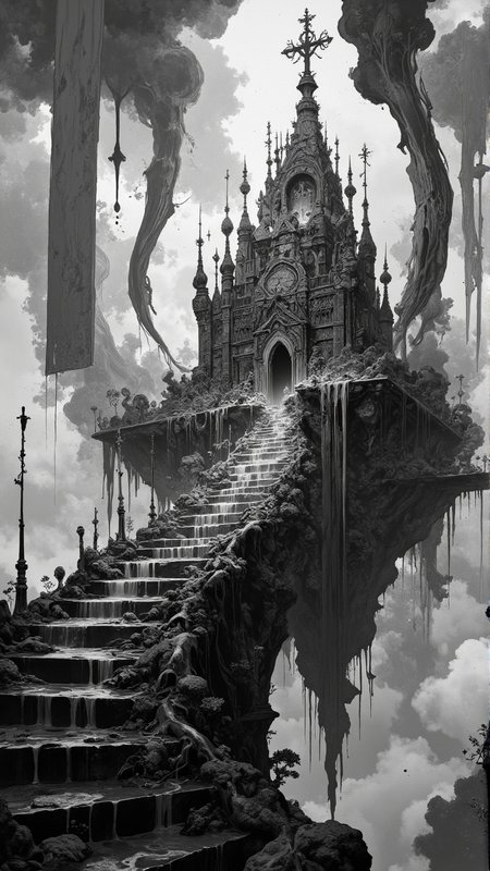 9:16 portrait â a temple made of mercury droplets stands suspended in midair, surrounded by flowing banners made of smoke and ink. Beneath it, a staircase of skeletal leaves descends into chromatic fog. Arcane liquid architecture, sacred surreal ascent, flowing monochrome myth. <lora:RM_Artistify_v1.0M:0.8000000000000002> <lora:Defluxion_II:0.6000000000000001>