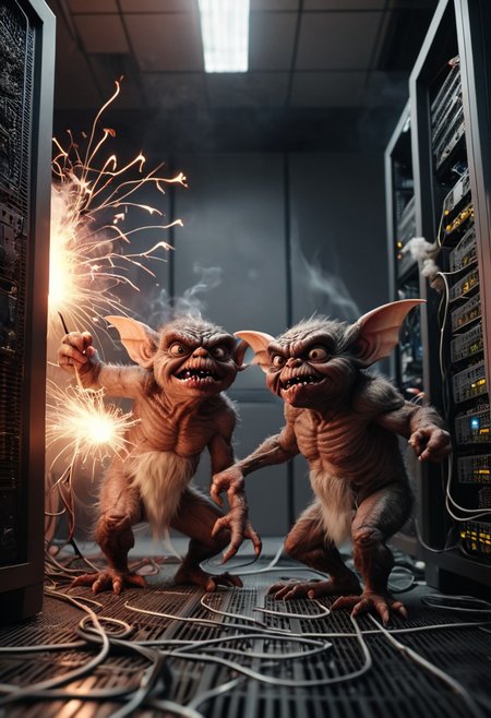 8k raw, soft lighting, photorealism, DSLR photo, cinematic, high details, a photo of two evil gremlins wrecking a server room. smoke, chewing wires, sparks