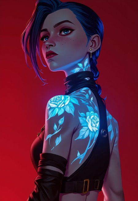 <lora:i_see_red_by_redtvpe:3.14> <lora:jinx-league-of-legends:3.14> <lora:BioInk2FLUX:3.14>