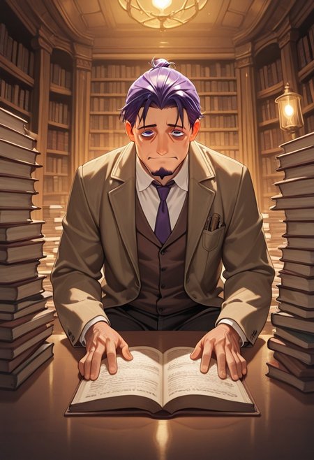 1boy, mbti_intp, mature man, purple eyes, droopy eyes, eye bags, tied hair, goatee, sitting in a vintage library, surrounded by stacks of books, wearing a tweed jacket, reading a weathered tome, a slight, knowing smile, warm lamplight, rich wood tones, scholarly atmosphere, aesthetically pleasing details