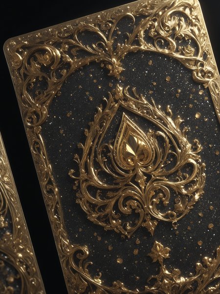 playing cards made with gold and diamonds, glitter on the black background, 3d render, cinematic, product, conceptual art, vibrant

epic action, Unreal Engine, cinematic award winning artwork, many details, extreme detailed, full of details,Wide range of colors., dramatic, Dynamic,Cinematic,Sharp details, Insane quality. Insane resolution. Insane details. Masterpiece. 32k resolution. casting shadow style, cucoloris patterned illumination,  dvr-lnds-sdxl, ral-dissolve, ral-ertmsphr, ral-porcelain, ral-pxlprtcl, Niji, aidma-niji