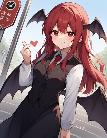 score_9, score_8_up, score_7_up, source_anime, <lora:koakuma-ponyxl-lora-nochekaiser:1>, koakuma, red eyes, red hair, long hair, sidelocks, medium breasts,, bat wings, black dress, black pantyhose, black skirt, black vest, dress, head wings, long sleeves, multiple wings, necktie, pantyhose, red necktie, shirt, skirt, vest, white shirt, wings,, bus stop, waiting, commuter, smartphone, checking time, cold morning, smile, <lora:finger-heart-ponyxl-lora-nochekaiser:1>, finger heart, heart, blush, smile,, looking at viewer, solo,, dutch angle, cowboy shot