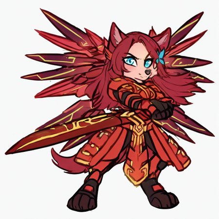 Cr01a,1girl,solo,furry,furry female,animal ears,long hair,red hair,hair ornament,blue eyes,snout,animal nose,body fur,tail, red power armor, mecha musume, official alternate costume, solo,  1girl, black bodysuit, red sword wings, red headgear, red armored gloves, red breastplate, red mechanical boots, red huge sword, holding red huge sword full body, sky