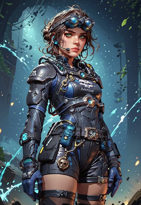 ((zPDXL3)), ((masterpiece,best quality, highly detailed)), ((score_9)), score_8_up, score_7_up, score_6_up, score_5_up, score_4_up, Digital painting style, brushstrokes, ((EnhanceImage)), solo, 1girl, AliasDeepDCODXL, green eyes, brown hair, short hair, sidelocks, single hair bun, headset, googles on head, medium breasts, black armor, shoulder pads, blue bodysuit, black bodysuit, multicolored bodysuit, skull print, blue gloves, black belt, black shorts, black thighhighs, black boots,
Expressiveh, 30yo, adult lustful confident woman, petite, slender body, perky saggy natural breasts, full lips, bangs, sidelocks, straps,
chinese magical sorceress, animated, swirling magic, wisps of magic, dancing pose, tight squeezed outfit, magical accessories, evoking motion, conveying motion, dynamic splash art, 
<lora:PainterlyFantasiaPDXL:0.6>,