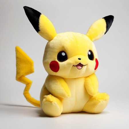 <lora:stuffed-toy_XL:1>,stuffed-toy,pikachu, no humans, pokemon \(creature\), solo, white background, simple background, :3, sitting, full body, looking at viewer, realistic, black eyes, yellow theme