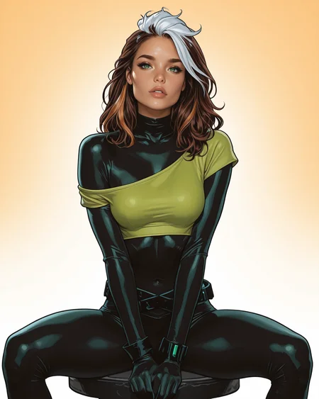 masterpiece, best quality, absurdres, perfect quality, absolutely eye-catching,   <lora:JeffSpokesIllus:1> jspokes,   <lora:Rogue80sPunkIllus:1> roguepunk, brown hair, white hair, two-tone hair, green eyes, bodysuit, crop top, off shoulder, belt, looking at viewer, seductive, sexy, sitting, v arms, spread legs, parted lips, leaning forward,