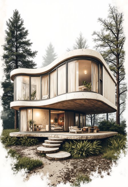 pst010, A luxurious big white creative container villa in the forest, natural, realistic, natural scenery, panoramic view, wide angle of super distance