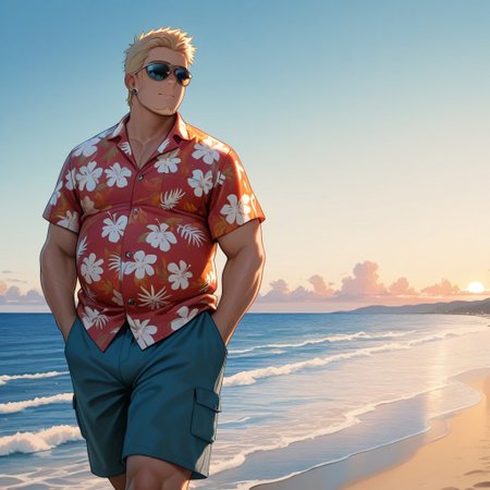 masterpiece, best quality, amazing quality, absurdres, newest, detailed background, definition so sharp, Ultra-HD, 8K cinematic, very awa, impressionate, amazing quality, highres, 
solo, male focus, manly, 
1boy, short hair, goatee, chubby, rikio_blonde, rikio_brown eyes, rikiokamamoto, sunglasses \(on face\), earrings, sideburns, shorts, Hawaiian shirt, beach, sunny, clear sky, blue ocean, relaxed, easygoing, cheerful, vacation, good vibes, walking, hands in pockets, carefree expression,