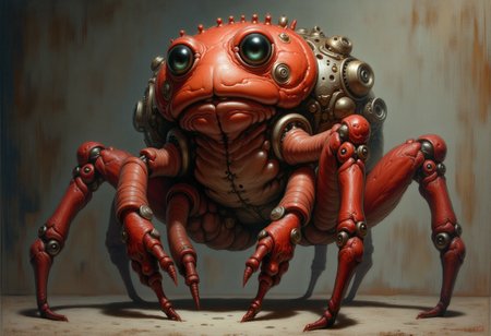 A biomechanical toad-like creature with a bloated red body, intricate gears and mechanical arms, huge glassy eyes, and steampunk prosthetics, standing in idle pose — highly detailed, hyperrealistic rendering, surreal fusion of flesh and metal