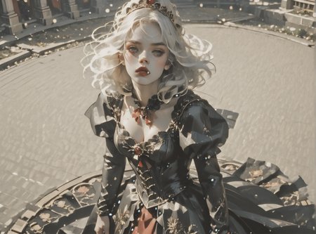 score_9, score_8_up, score_7_up, Fighting scene, shot from above, looking up against all odds, woman, pale skin, large breasts, <lora:sm0k3XLP:1>, <lora:goth_clothes:1>, vampire dress, black details, red lining, Long white hair, young face, <lora:Our_Muted_Future_Style:1>, <lora:lora:1> Fantasy Art Deco,