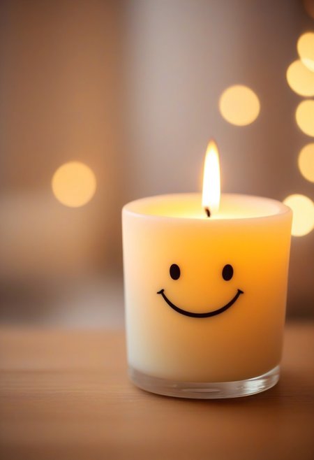 Adorable handmade candle, with a kawaii smiley label, soft bokeh lights from a cozy room, warm and inviting super cute wallpaper,  bokehmachine, blurry background, heart bokeh