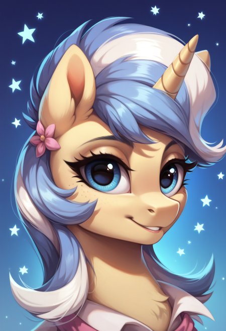 score_9, score_8_up, score_7_up, score_6_up, score_5_up, score_4_up, my little pony, ((feral pony)),   1girl, ((solo)), (sexy),beautifully detailed, (detailed cute pony face), ((detailed blue starry background:1.5)), ((woman)), high angle, (cute smile:1.0), ((up-close))  1girl, ((solo)), (sexy), full body,    <lora:Upper Crust:1>Upper Crust, unicorn
<lora:OtherStyle_01:1> <lora:Wholesome_MLP-v1.0:1>