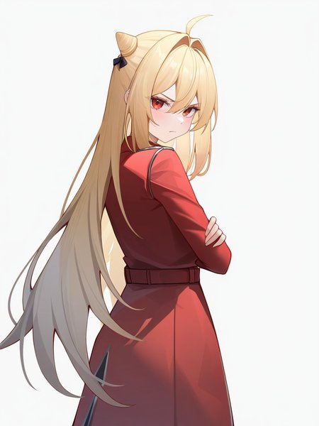 1girl,,looking at viewer,solo,very long hair,white background,xixueji,blonde hair,hair bun,red jacket,arms_crossed,cowboy_shot,looking_at_viewer,scowl,facing_away,<lora:xixueji-000016:1.2>, masterpiece, best quality, very aesthetic, absurdres