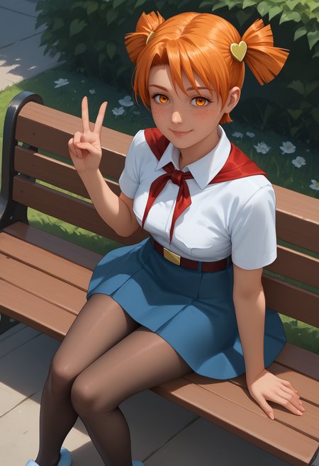 score_9, score_8_up, score_7_up,
best quality, masterpiece, ultra detailed, aesthetic,
22 years old, 168 cm height,
<lora:Expressive_H:1>, light smile, closed mouth, blush, mature,  realistic body proportion,
looking at viewer, solo focus, , full body, hand peace sign, from side,  pov, close, from above, 
<lora:Everlasting_Summer_Alisa_by_GraffMetal:0.7>, aliska, orange hair, twintails, short hair, hair ornament, heart hair ornament, short twintails, right side bangs, orange eyes, face freckles, body freckles, medium breasts, dark-skinned female, dark skin, 1girl, solo,
skirt, pantyhose, sitting, shirt, bench, white shirt, belt, outdoors, short sleeves, ribbon, full body, collared shirt, black pantyhose, red ribbon, neck ribbon, blue skirt, smile, flower, blue ballet slippers,
amazing background, cozy, cinematic, flat horizon,
<lora:Better_Quality_by_GraffMetal_V2.1_Style:0.7>,
<lora:Everlasting_Summer_Vanilla_Style_by_GraffMetal_3.0:0.5>,