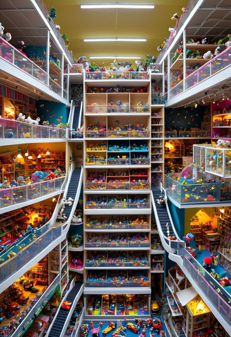 huge toy store. Its shelves and racks are strewn from top to bottom with all kinds of toys. On the lower shelves there are rubber balls, multi-colored pyramids and construction sets. The middle shelves contain soft toys   animals and birds. Top shelves - chic dolls in silk dresses and radio-controlled cars