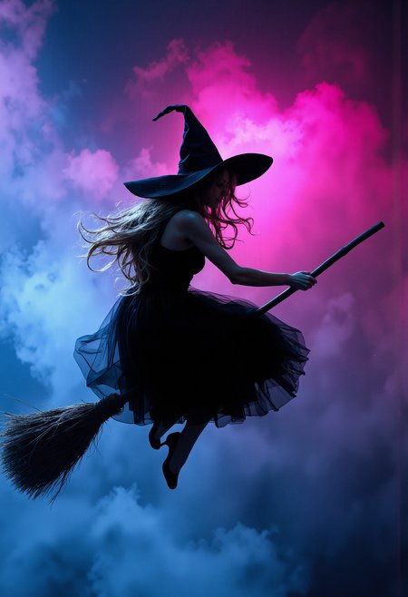 A witch flies through the air on a black broomstick, wearing a wide-brimmed black hat. She holds onto the broom with two hands. Her hair is long, wavy, light brown in colour with soft highlights. She is wearing a black dress with an airy tulle skirt that is slightly blurred in movement. Her legs are bent and her feet point downwards. The stage is lit with two-colour light: soft blue light on the left and warm magenta on the right, creating a mystical and dreamy atmosphere. The background is a gradient of smoky clouds going from pink to blue, giving depth to the image.  <lora:FluxMythP0rtr4itStyle:0.8> MythP0rt, <lora:aidmaMJ6.1-FLUX-V0.2:0.6> aidmaMJ6.1, <lora:sxz-Dark-Fantasy-v2-Flux:0.66> drkfnts style,